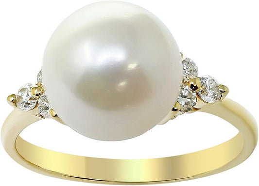 14K Yellow Gold Freshwater Pearl 10.5 Mm with Diamonds Ring, Size 7