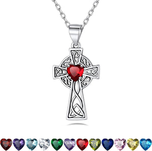 Silver Celtic Cross Necklace with 12 Month Heart Birthstone, Dainty Celtic Birthstone Necklace Silver Chain for Women Faith Irish Amulet Lucky Birthstone Jewelry