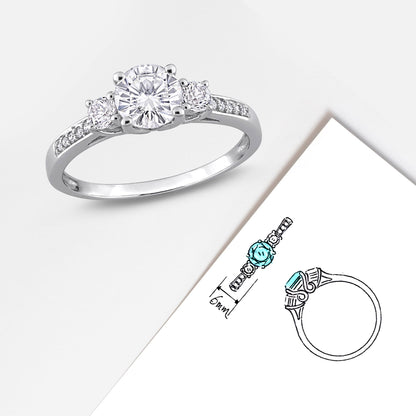 Women'S Engagement Anniversary Bridal 1 1/3 CT. round Created White Sapphire Round-Cut Diamond Accent (G-H, I2-I3) 10Kt White Gold 3-Stone Ring with 4 Prong/Pave Setting & Shoulder Diamonds