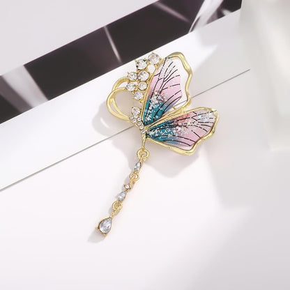 Diamond Inlaid Purple Butterfly Tassel Brooch with High-End Feel, Semi Transparent Insect Butterfly Breast Flower