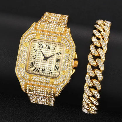 24K Gold / 925 Silver / Rose Gold Stainless Steel Hip Hop Jewelry Iced Out Diamond Thick Miami Cuban Link Chain Necklace Bracelet Watch for Men'S and Women'S Party Jewelry Set Nightclub Bar Fashion Accessories