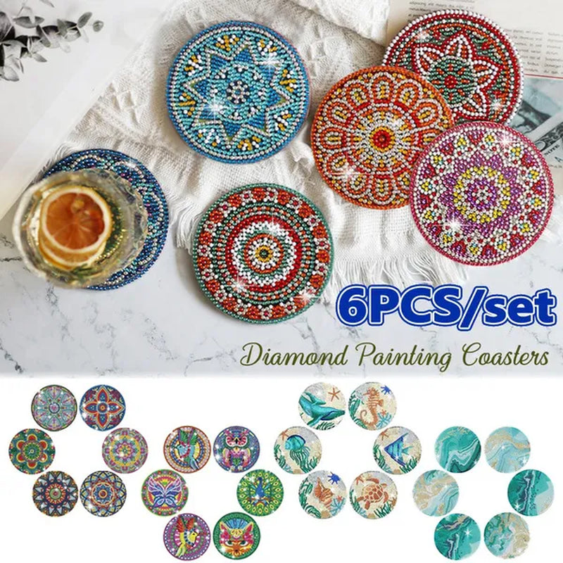 6Pcs/Set DIY Diamond Painting Coasters Kit Diamond Art Coasters Gemstone Cupmat for Beginners Adults & Kids Art Craft Supplies