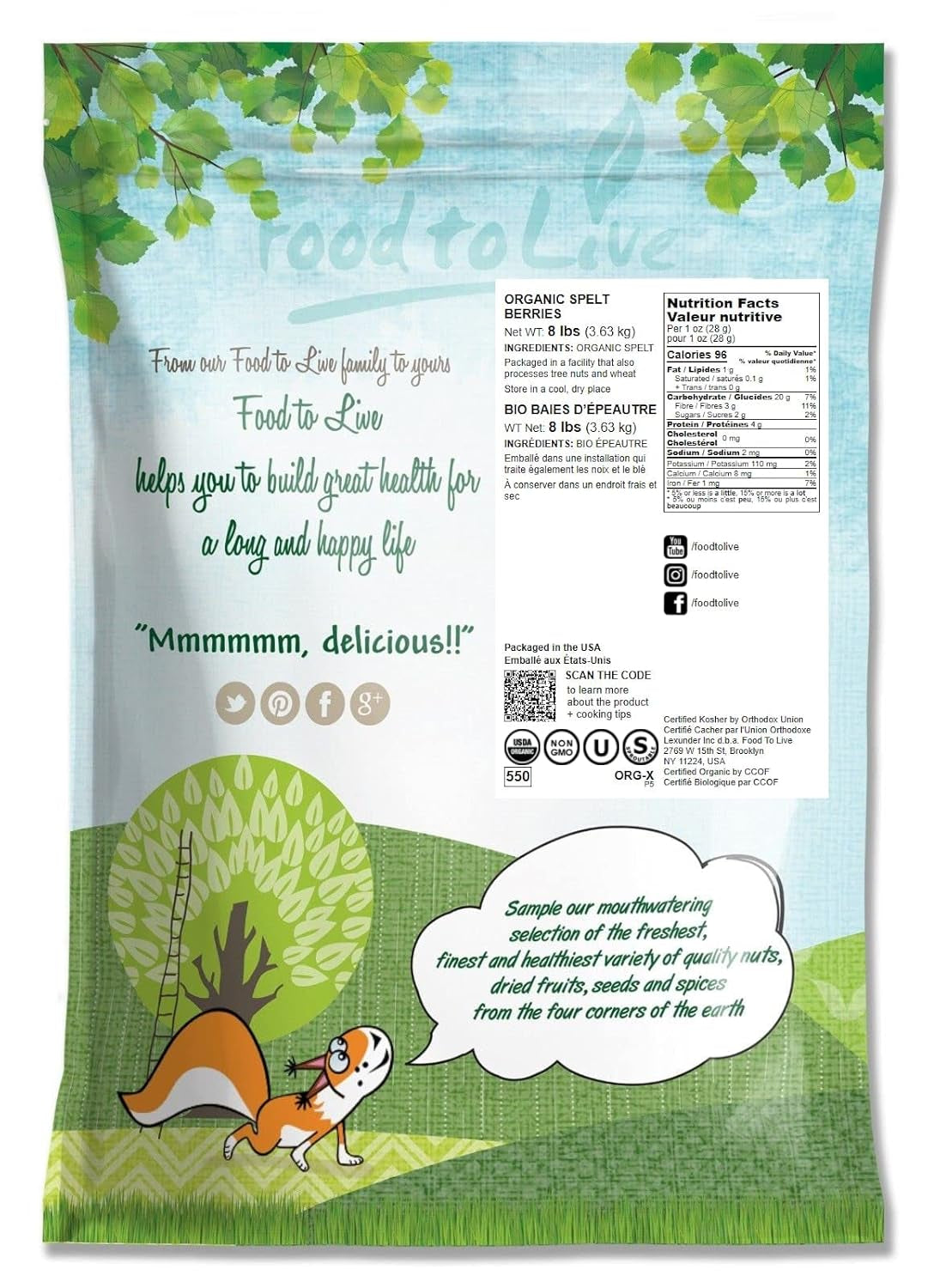 Organic Spelt Berries, 8 Pounds — Non-Gmo, Whole Grain, Non-Irradiated, Vegan Superfood, Bulk, Product of the USA