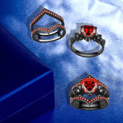 Gothic Skull Black Rings Set Women Rose Flower Red Purple Heart Love Zircon Crystal Christmas Anniversary Engagement Gift Cocktail Party Biker Jewelry