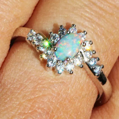 Exquisite Women's  Silver Ring Oval Cut Fire Opal Diamond Jewelry Birthday Proposal Gift Bridal Engagement Party Band Rings Size 5-12