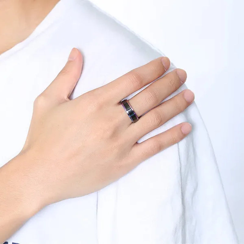6mm Wide Titanium Steel IP Black Plated Classics Ring With Rainbow Color Multicolor Edge For Gay & Lesbian Pride Jewelry Women Men Wedding Band