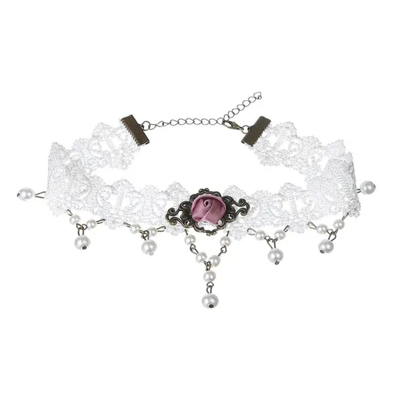 White Lace Necklace Chokers Black Collares Vintage Style Female Gothic Wedding Red Rose Crystal Diamond Pendant Collarbone Necklaces Chain Accessories for Women Girls - WORLD TIME VISITS