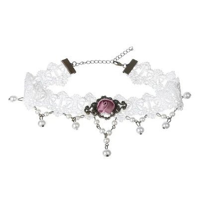 White Lace Necklace Chokers Black Collares Vintage Style Female Gothic Wedding Red Rose Crystal Diamond Pendant Collarbone Necklaces Chain Accessories for Women Girls - WORLD TIME VISITS