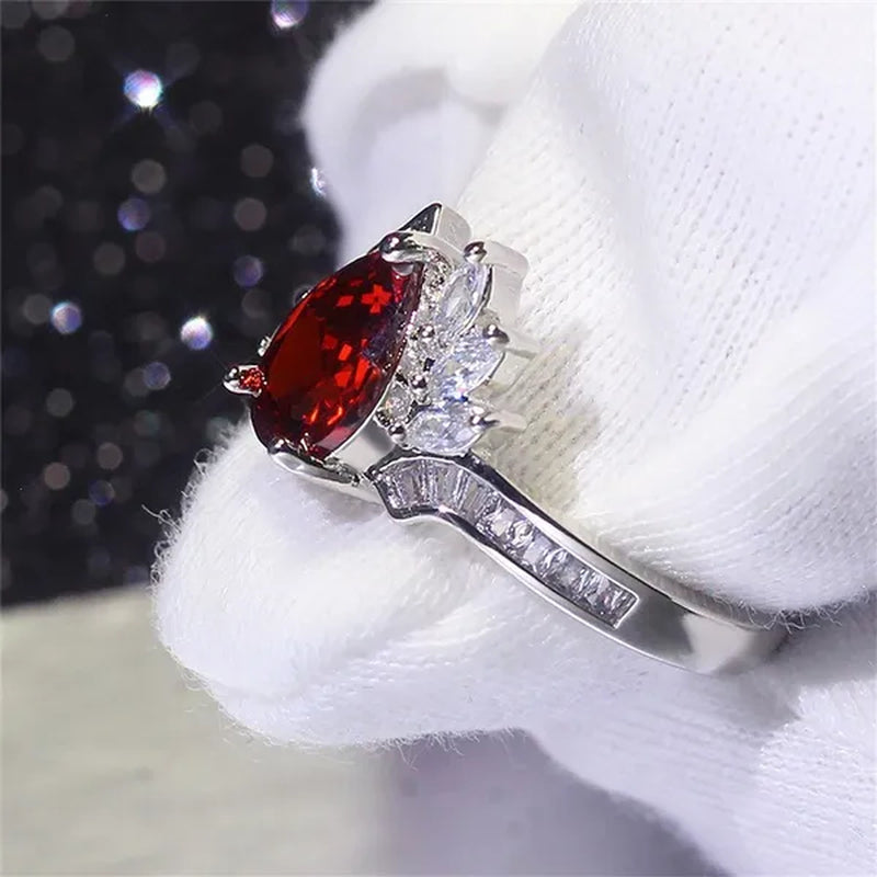 New silver-plated Fashion Natural Ruby Angel Teardrop Diamond Ring Engagement Wedding Ring Anniversary Christmas Gift Jewelry Accessories Size 5-11