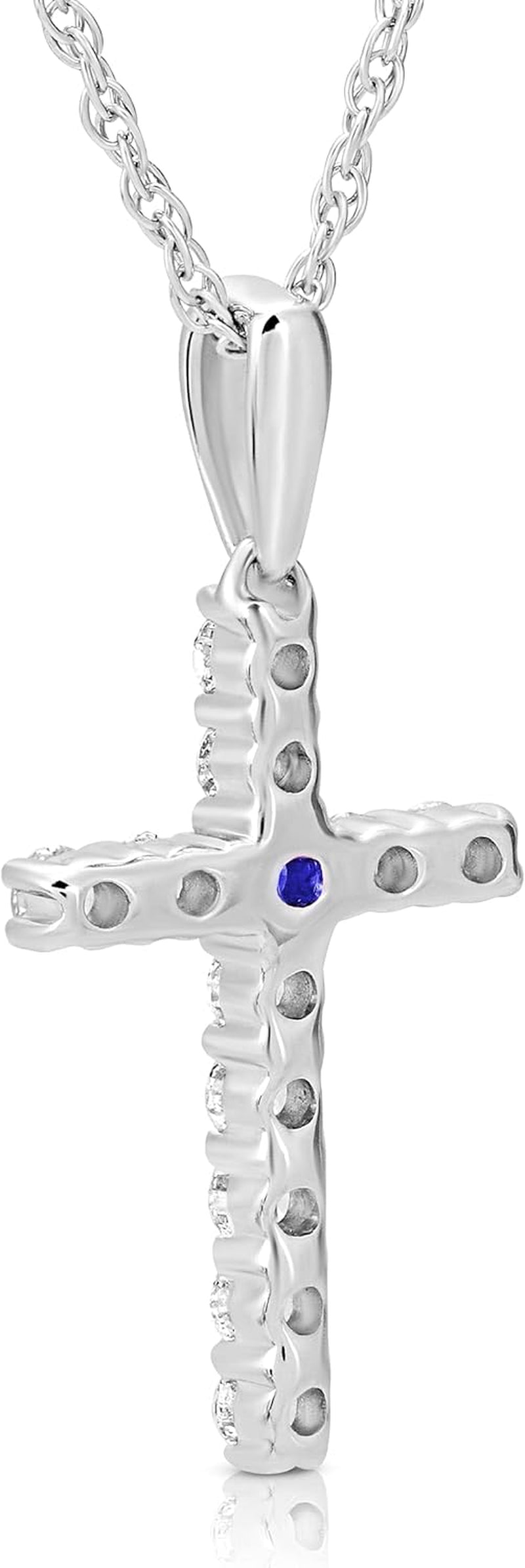 10K Gold or Silver Diamond and Created Blue Sapphire Cross Pendant with Sterling Silver Rope Chain Necklace (1/4 Cttw, I-J Color, I2-I3 Clarity), 18"