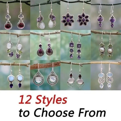 12Styles Vintage Earrings Rainbow Moonstone Earring Amethyst&Peridot&Pearl Dangle Earrings for Women Wedding Bridal Jewelry Gifts - WORLD TIME VISITS