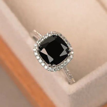 Black Spinel Ring, Halo Ring, Cushion Cut, Black Rings, Gemstone Ring, Promise Ring Black, Sterling Silver