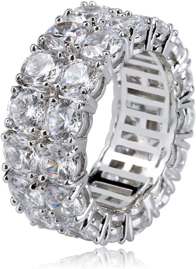 Rings for Men - Men'S 14K Gold Plated Brass, Chunky Faux Diamond Band Ring for Women, Unisex, 9Mm - 2 Rows round Cubic Zirconia Eternity