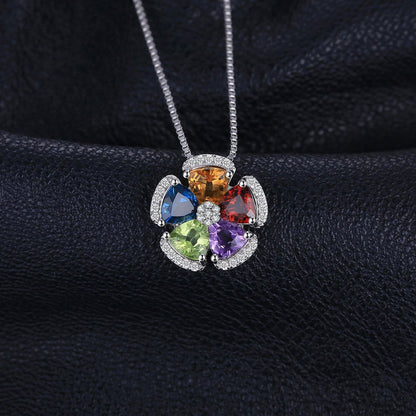 Multicolor Flower 2.6Ct Genuine Amethyst Citrine Garnet Peridot Blue Topaz Pendant Necklaces for Women, 925 Sterling Silver Natural Gemstones Jewelry Sets 18 Inches Chain