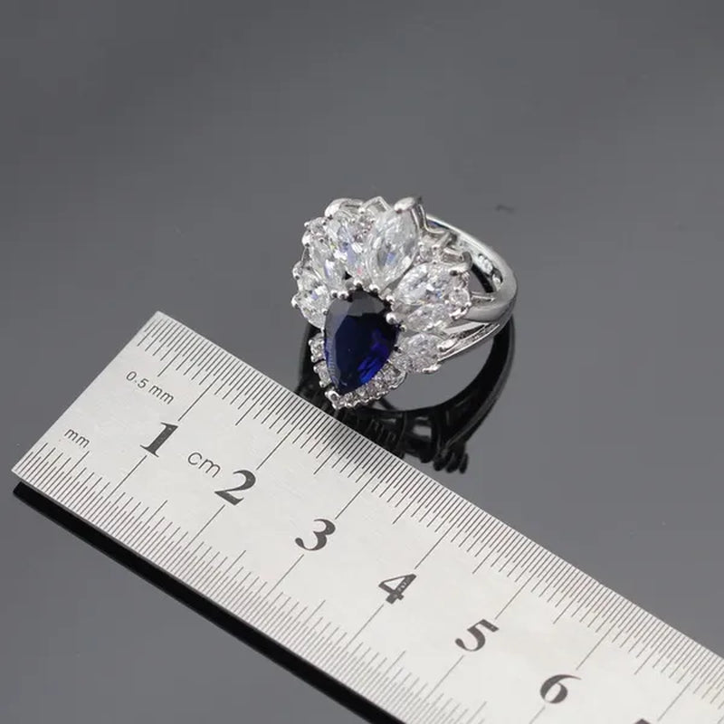 Blue Zircon With White Topaz Crystal Water Drop Shaped Silver Jewelry Sets Necklace Pendant Earring Ring Bracelet For Women
