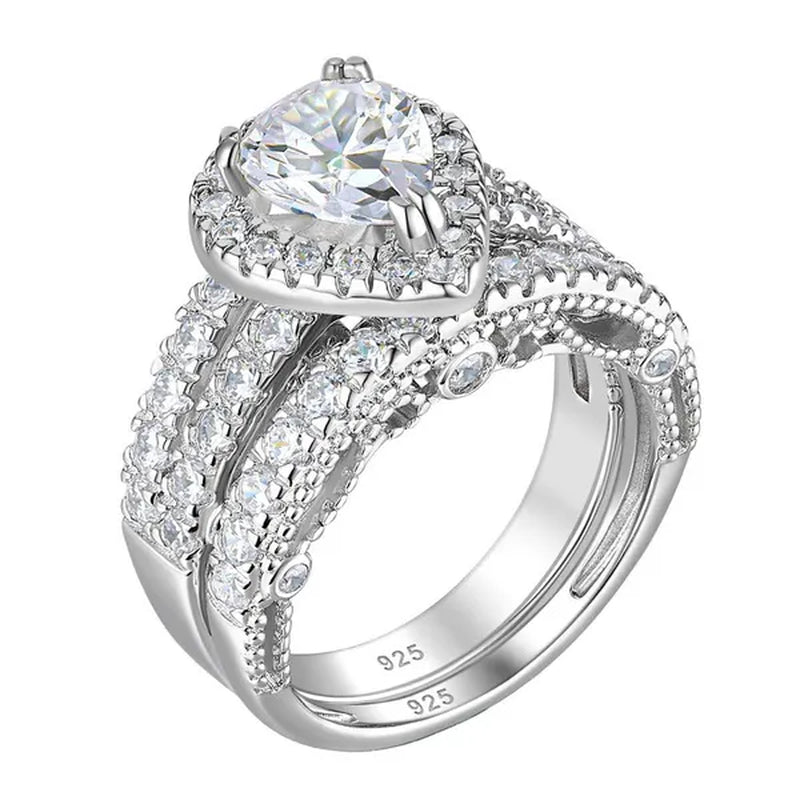 Newshe 4 Carats Wedding Teardrop Shape Engagement Ring Set for Women 925 Sterling Silver White Cubic Zirconia Size 4-13