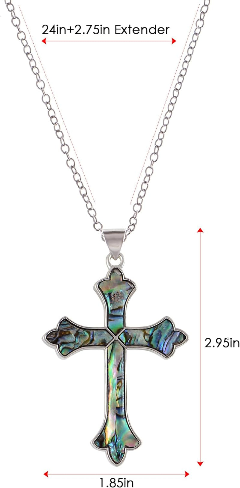 Vintage Inspired Silvery Tone Abalone Shell Religious Cross Pendant Necklace