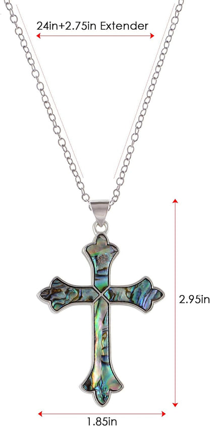 Vintage Inspired Silvery Tone Abalone Shell Religious Cross Pendant Necklace