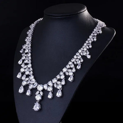 Gloriya Luxury Wedding Bridal Party Jewelry Set for Women White Gold Plated Red Cubic Zirconia Tear Drop Earrings Necklace Sets