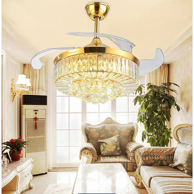 42 Inches Ceiling Fan Light Remote Control LED Pendant Light Crystal Dimmable Metal Luxury Invisible Ceiling Chandelier Lighting