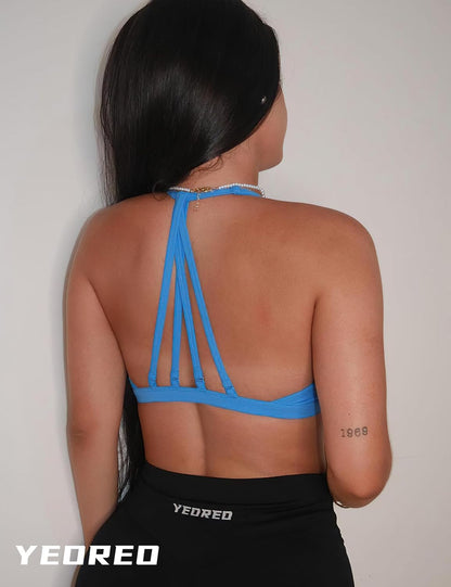 Workout Sports Bras for Women Padded Strappy Open Back Gym Bra Light Impact Criss Cross Yoga Crop Top