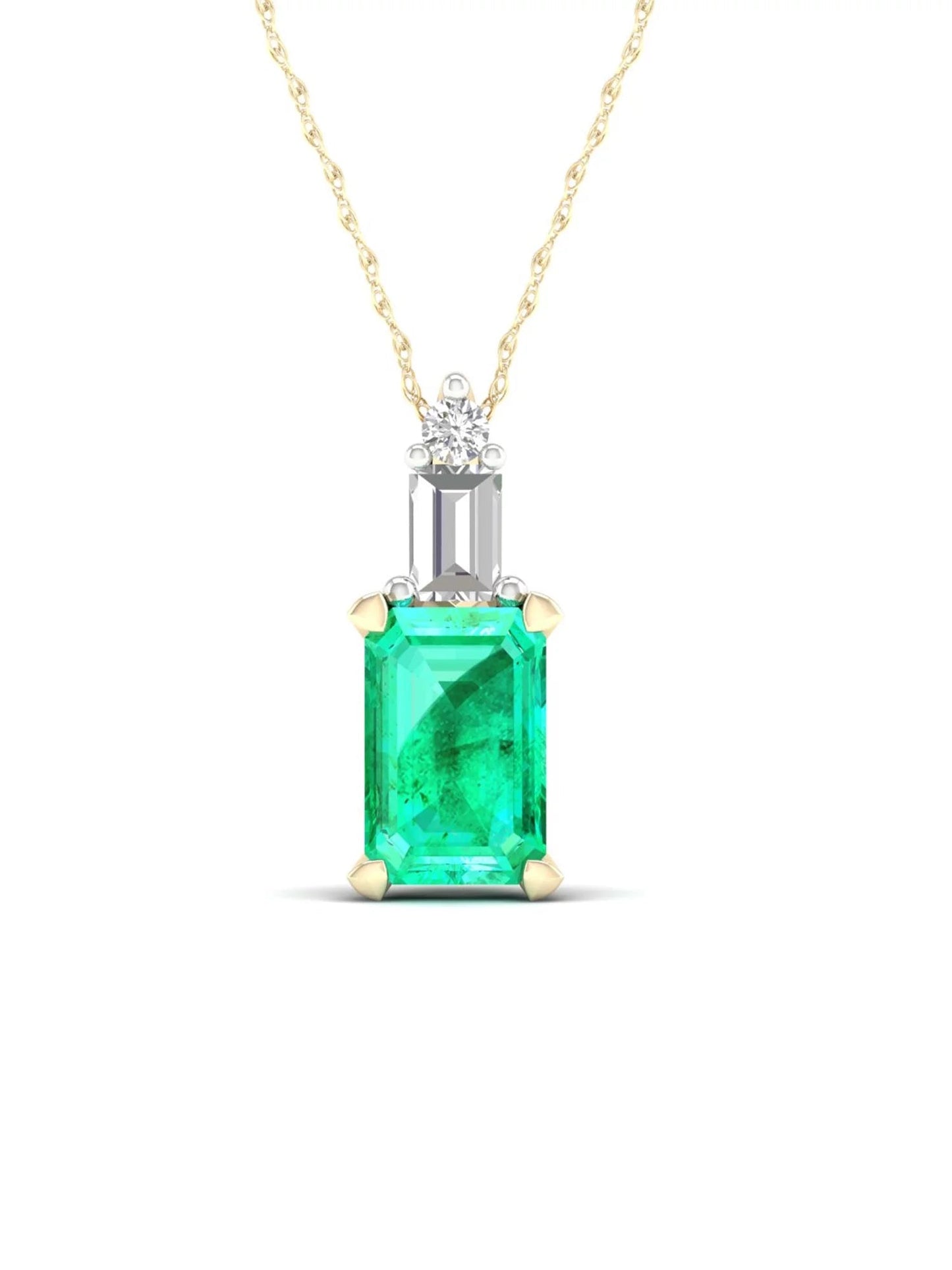 Gemstone 10K Yellow Gold Octagonal Cut Emerald and Diamond Pendant Necklace