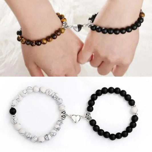 2pcs Delicate Women's White Turquoise Frosted Couple Bracelets Heart Shaped Beads Bracelets Hand Woven Adjustable Bracelets Women's Couple Jewelry Accessories Birthday Party Anniversary Gift