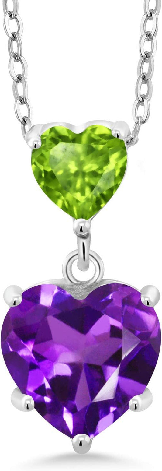 925 Sterling Silver Purple Amethyst and Green Peridot Double Heart Pendant Necklace for Women (2.10 Cttw, Heart 8MM and 5MM, with 18 Inch Silver Chain)