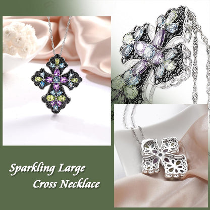 Cross Pendant Necklace for Women 925 Sterling Silver Natural Gemstone London Blue Topaz Peridot Amethyst Cross Jewelry