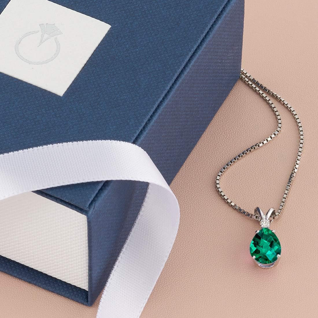 Created Emerald with Genuine Diamond Pendant for Women 14K White Gold, Elegant Teardrop Solitaire, Pear Shape, 10X7Mm, 1.75 Carats Total