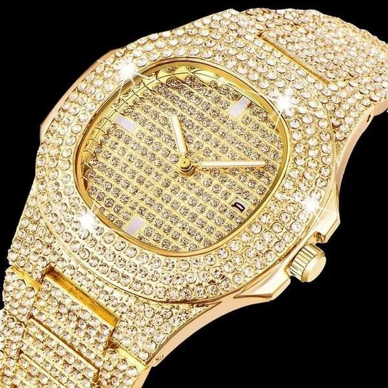 2 Pcs/set Luxury Full Iced Out Watch Mens Cuban Link Chain Bracelet Watch Bling Jewelry for Men Big Gold Chains Hip Hop Men Watch Set