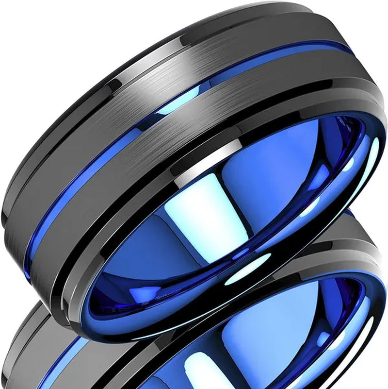 8mm Blue Black Brushed Tungsten Carbide Ring with Ladder Edge Blue Groove Design Comfort Fit Wedding Band Ring Men Jewelry Delicate Style Gift