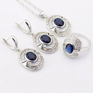 Blue Zircon White Zircon Silver Jewelry Sets for Women Silver Necklace and Pendant Rings Drop Earrings