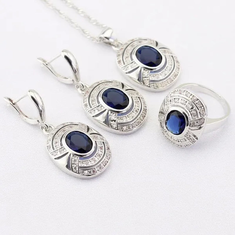 Blue Zircon White Zircon Silver Jewelry Sets for Women  Silver  Necklace and Pendant Rings Drop Earrings