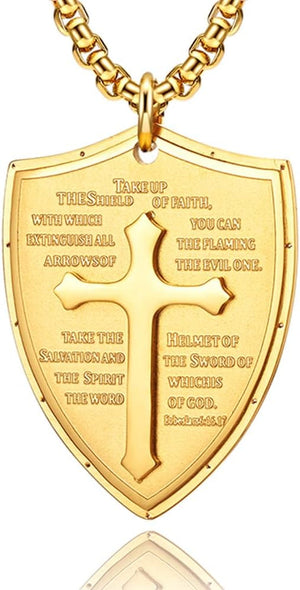Armor of God Cross Pendant Necklace, Shield of Faith, Ephesians 6:16-17, Religious Amulet, Knights Templar Crusader, Stainless Steel 24" Chain