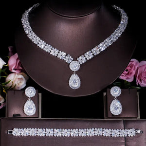 Gloriya Sparkling Cubic Zirconia Water Drop Pendant Necklace Earrings and Bracelet for Women White Gold Plated Latest Luxury Bridal Wedding Jewelry 3 Pcs Set