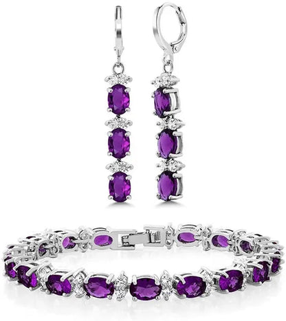 7 Inch Emerald Amethyst Ruby Sapphire and White Tennis Bracelet Set With Matching 2 Inch Oval Dangle Earrings For Women