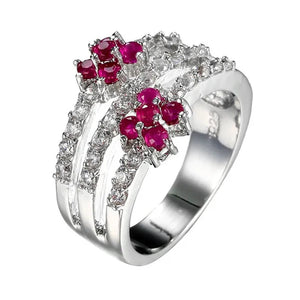 Fashion Women 925 Sterling Silver Red Ruby & White Topaz Branch Ring Bridal Wedding Jewelry
