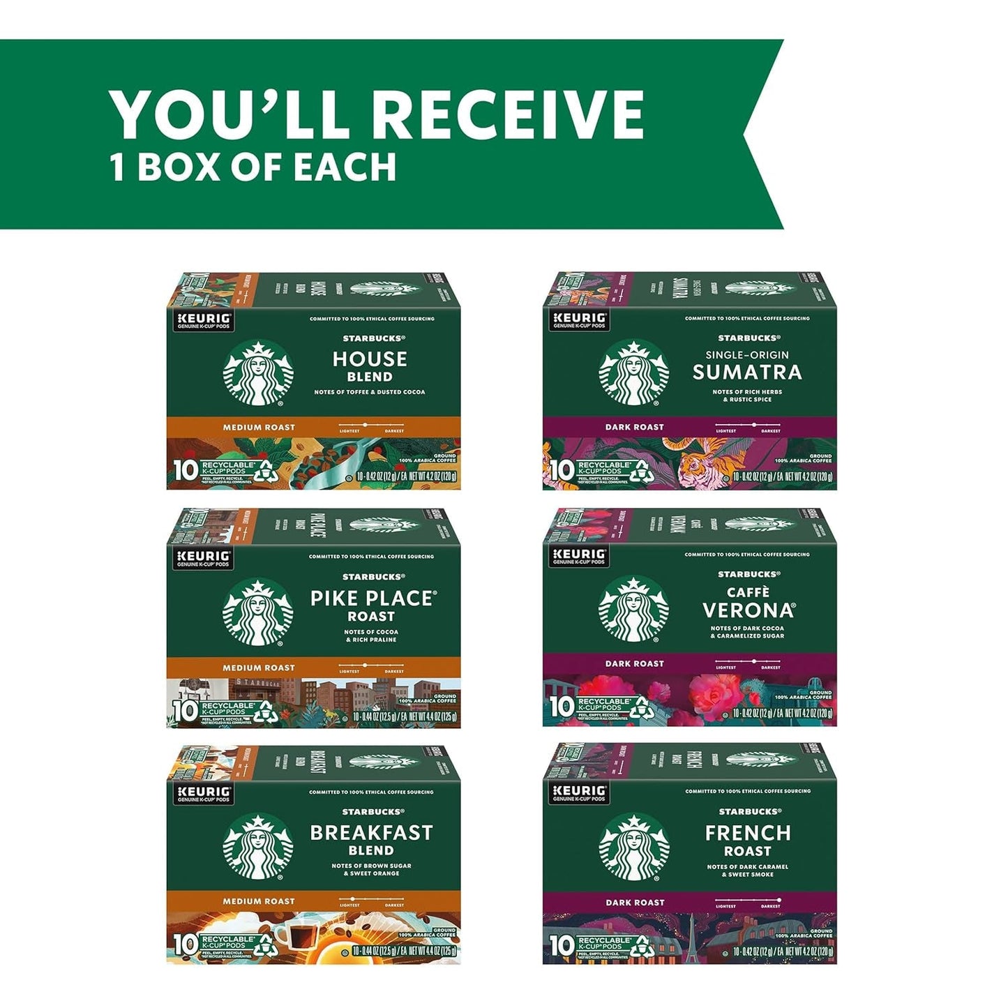 K-Cup Coffee Pods, Medium and Dark Roast Coffee Variety Pack for Keurig Brewers, 100% Arabica, 6 Boxes (60 Pods Total)