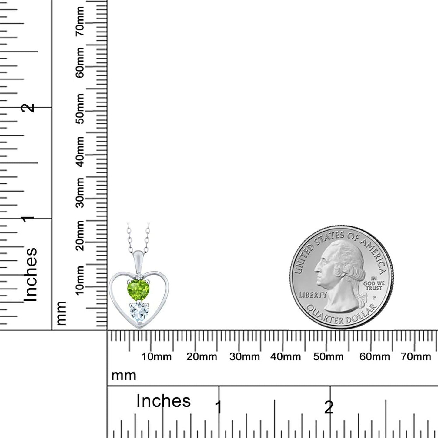 925 Sterling Silver Green Peridot Sky Blue Aquamarine and White Diamond Pendant Necklace for Women (0.67 Cttw, Gemstone August Birthstone, Heart 5MM and 4MM, with 18 Inch Silver Chain)