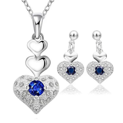 925 Sterling Silver Heart Blue Zircon Crystal Pendant Necklace Earrings for Women Party Wedding Jewelry Set