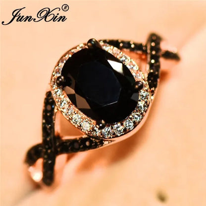 Exquisite Rose Gold Plated Large Oval Stone X Ring Women Filled Black Zircon Crystal Zircon Ring Female Wedding Ring Mother New Year Gift Princess Bride Engagement Wedding Ring Jewelry Size 4 5 6 7 8 9 10 11