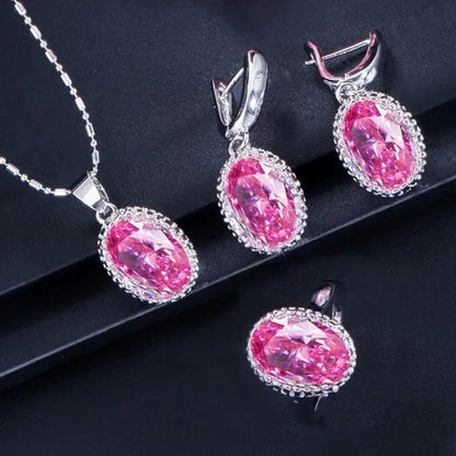 CANDICE Romantic Round Shaped Purple Crystal Sterling Silver Plated Jewelry Set For Party Necklace Earrings Ring Sets（US 6-9)