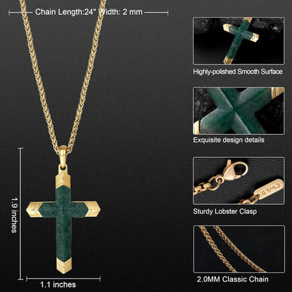 Cross Necklace for Men -Stainless Steel & Gemstone Adjustable Box Chain 24-26In, Spiritual Jewelry Gift for Him, Everyday Wear