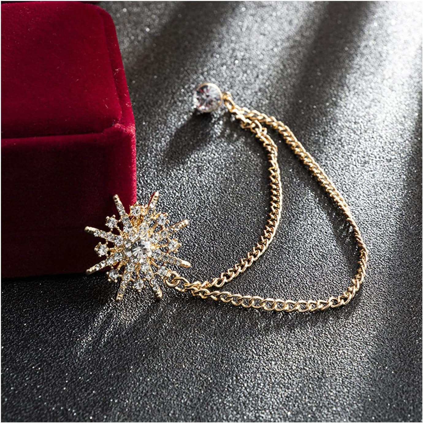 Snowflake Rhinestone Brooches, Hanging Chain Tassel Badge, Gold Silver Snowflake Long-Chain Brooches Shirt Collar Lapel Pin for Men Women Suit Accessories Stage Jewelry