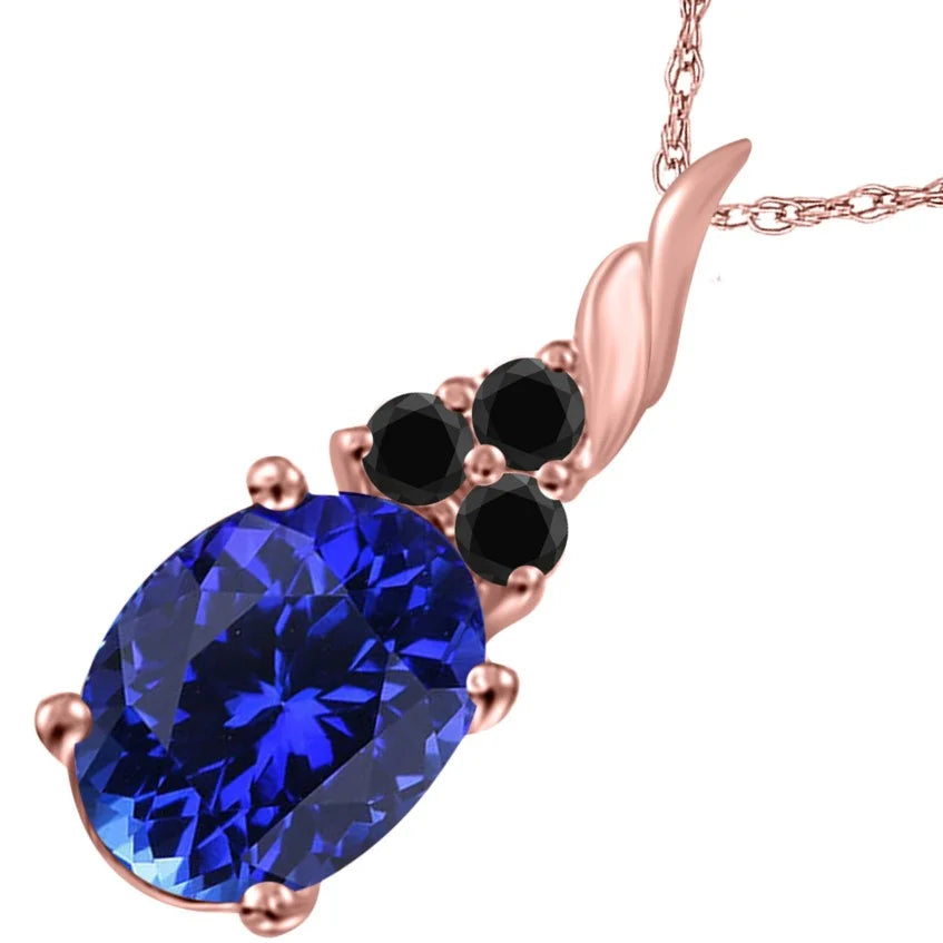 Tanzanite & Black Diamond Pendant Necklace for Women | 14K Rose White & Yellow Gold 1.36 Carat 4 Stone Oval Shape Prong Setting 18 Silver Box Chain Necklace