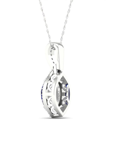 Gemstone 10K White Gold Marquise Cut Blue Sapphire 1/20 CT TW Diamond Halo Pendant Necklace