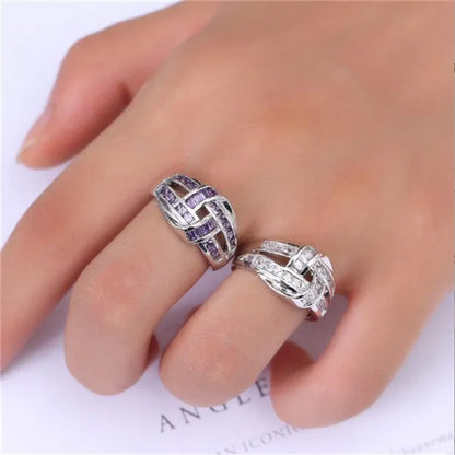 Princess Silvering Purple Amethyst Gemstone Birthstone Wedding Engagement Heart Ring