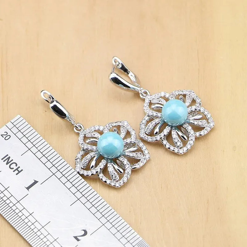 Flower 925 Silver Jewelry Set Blue Pearl with Beads Pendant Drop Earrings Rings Necklace for Women