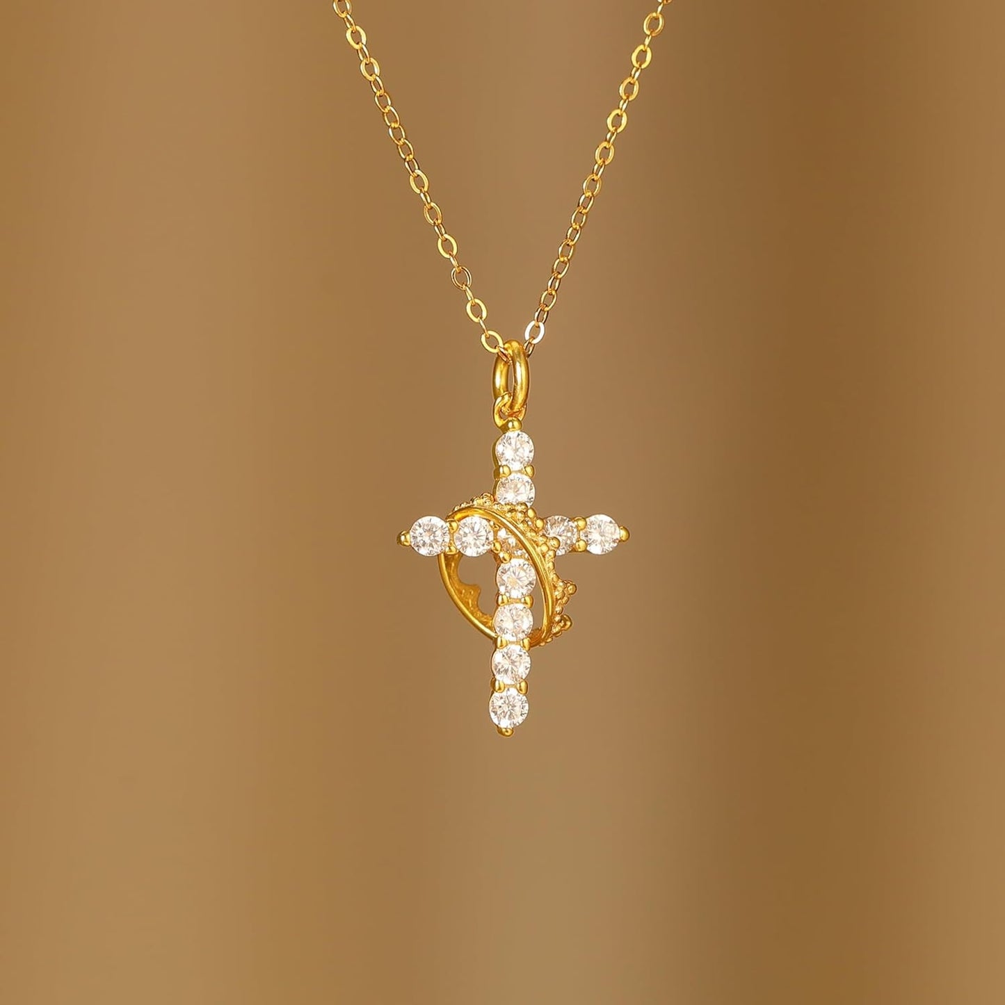 925 Sterling Silver Cross with Crown Necklace for Women 14K Gold Plated Cubic Zirconia Crucifix Pendant Necklaces Adjustable Choker Necklace Baptism Religious Christian Faith Jewelry Easter Gifts